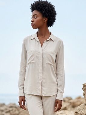 Anthropologie CLOTH & STONE Shirt Gray High Low Button Top Lightweight Medium